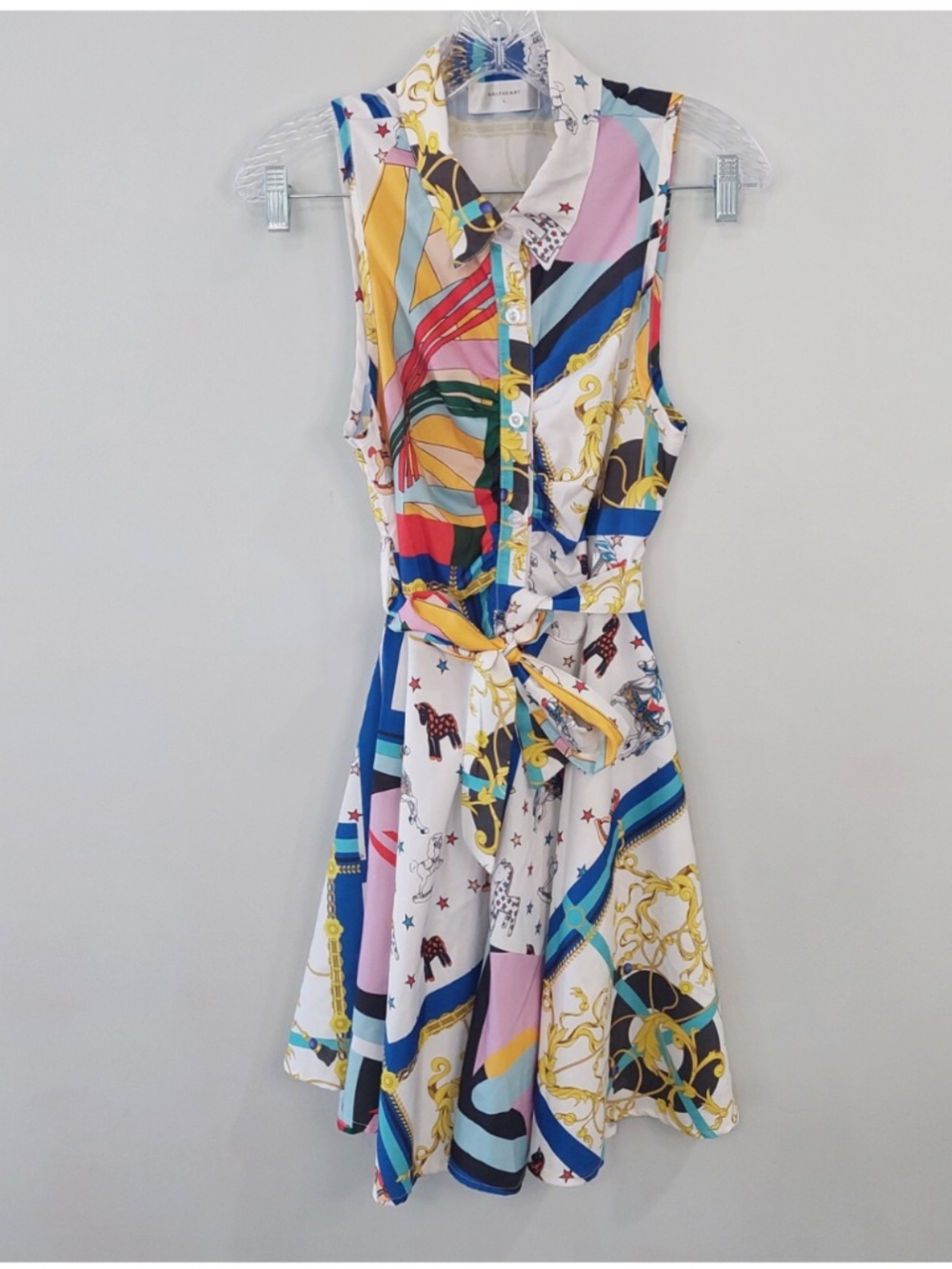 HalfHeart dress 1xl button front tie waist collared fun multicolor print